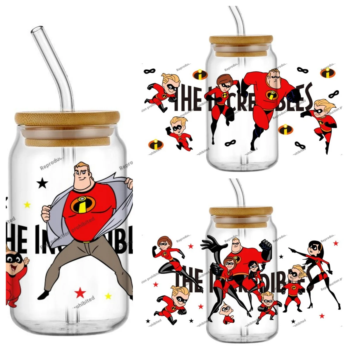 

New Design 3D The Incredibles Decal UV DTF Cup Wrap for 16oz Libbey Glasses DIY Cartoon The Superman Family Mug Transfer Sticker