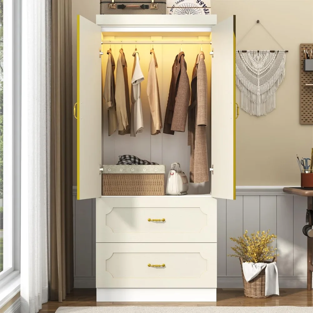 

75" Tall 2 Doors Armoire Wardrobe Closet with Mirrors and LED Lights,Freestanding White Wardrobe Armoire for Bedroom with Drawer