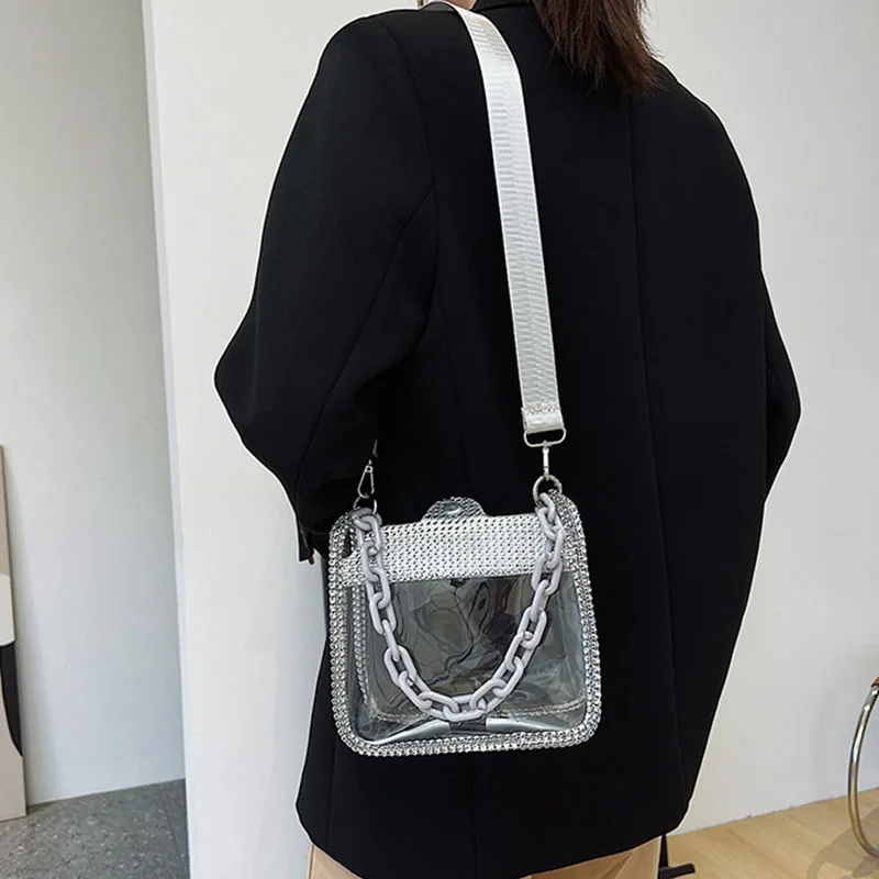 PVC Transparent Shoulder Crossbody Bag Rhinestone Thick Chain Ladies Small Purse and Handbags Jelly Summer Beach Totes