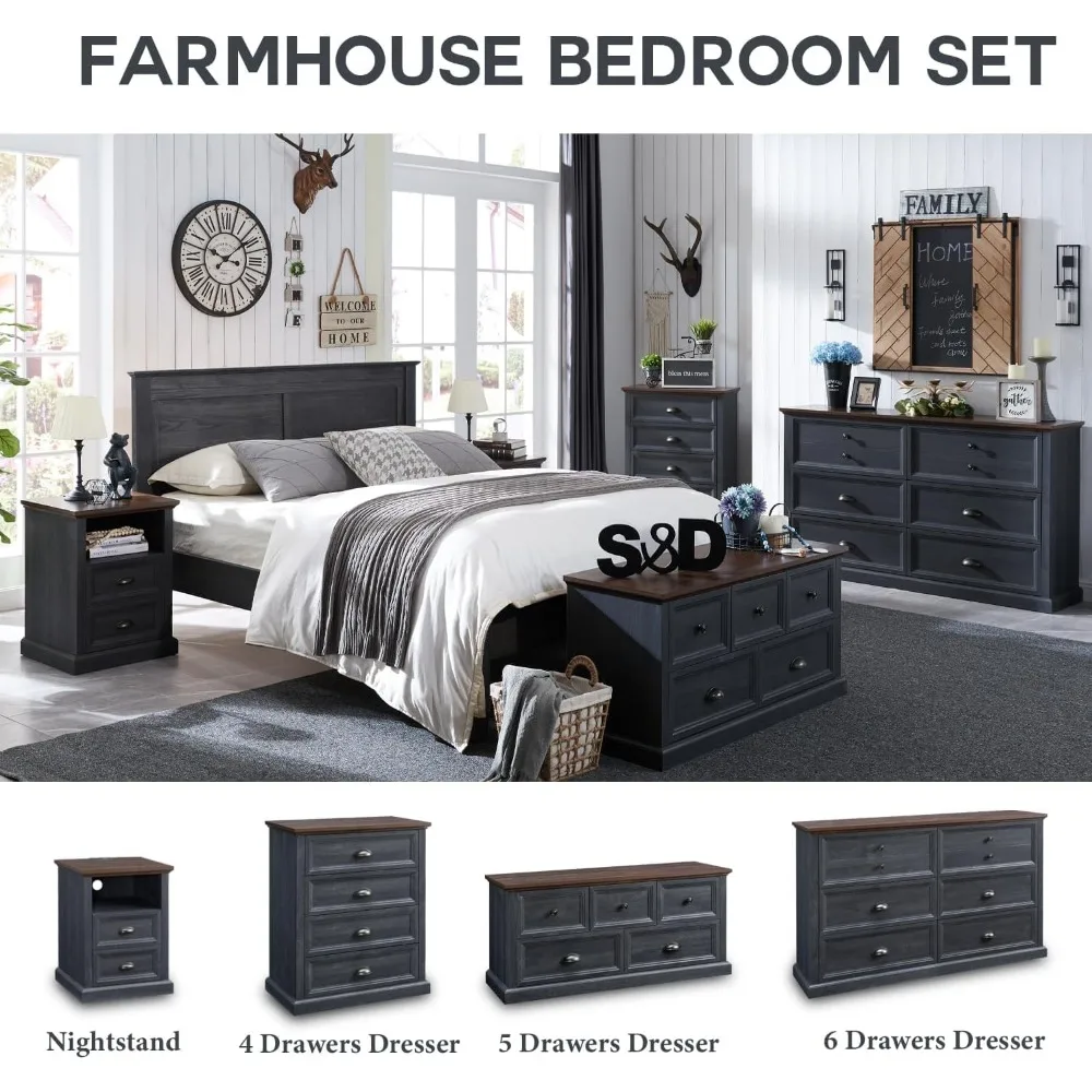 Commode rustique en bois à 6 tiroirs, coffre de rangement large 58 pour chambre à coucher, organisateur avec deux fonctionnalités distinctives