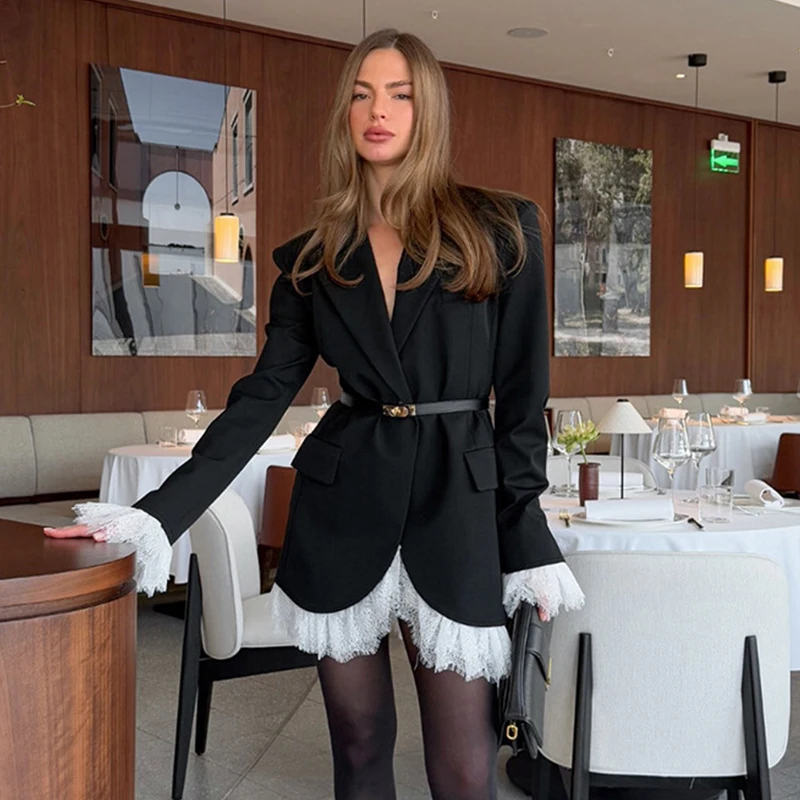 

Women Blazer Coat Dress Autumn Winter V-neck Lace Patchwork Black Temperament Long Sleeve Blazer Office Lady Suit Coats