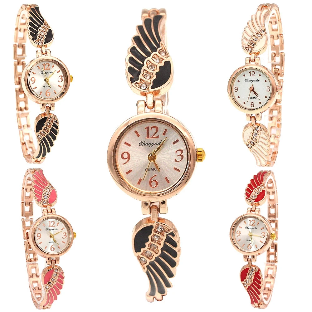 ساعة رسمية ملونة بسوار جناح الملاك وحجر الراين الكريستالي للنساء والفتيات ساعة يد كوارتز