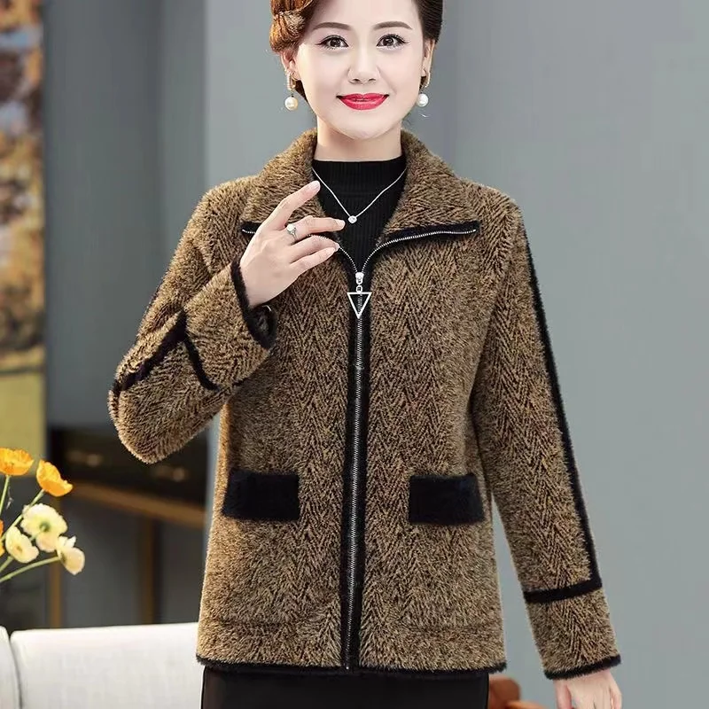 

Autumn Winter Short Fashion Imitation Mink Velvet Woolen Jacket High Quality Middle Aged Mother's Women's Cardigan Overcoat