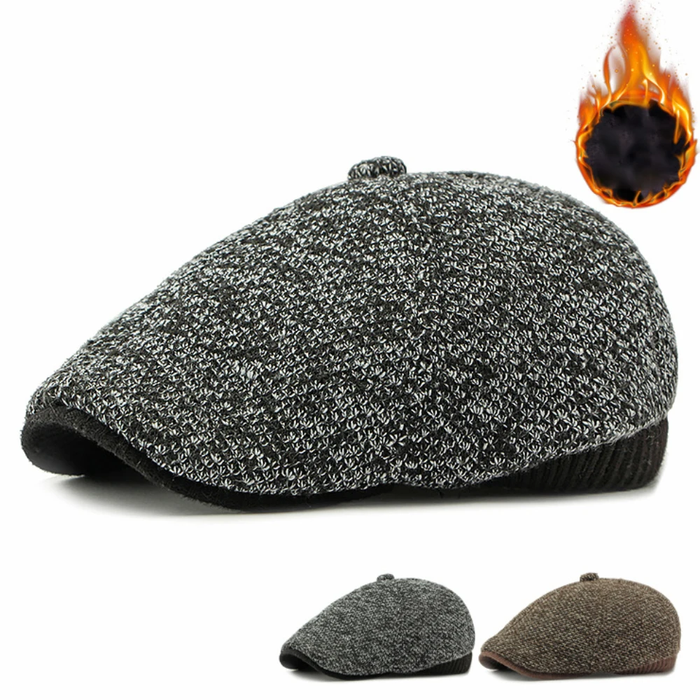 

HT4538 Berets Men Winter Wool Beret Hat Thick Warm Octagonal Earflap Cap Male Knitted Hat Ivy Flat Cap Fleece Lined Beret Caps