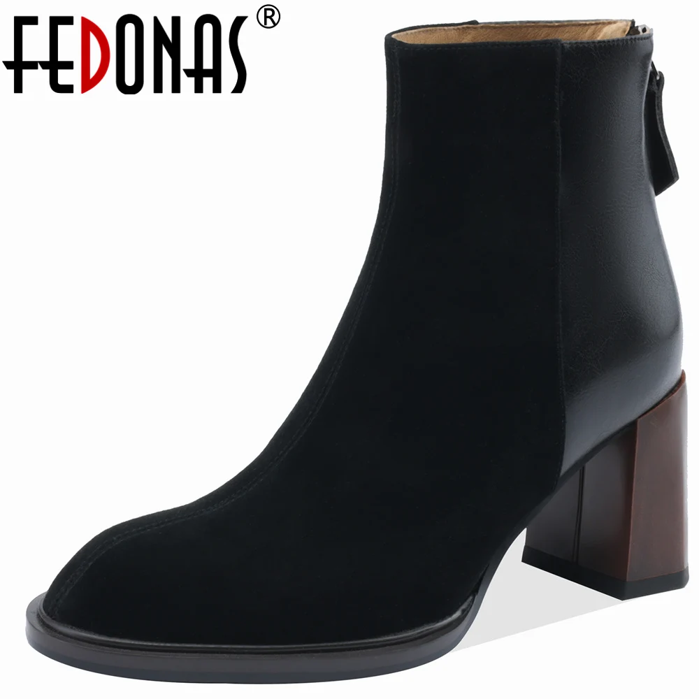 

FEDONAS Thick High Heels Women Ankle Boots Splicing Genuine Leather Zipper Office Ladies Shoes Woman Autumn Winter Mature Basic