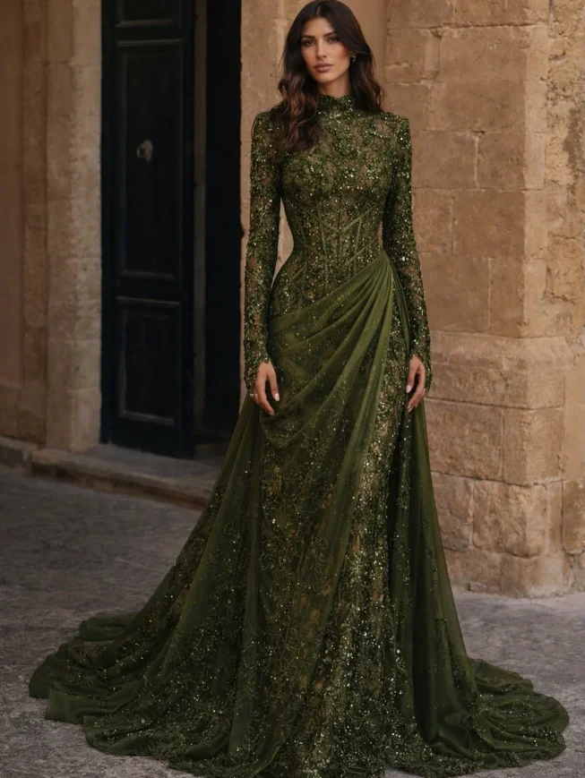 Customized Luxury Lace Sequins Prom Gown High Collar Long Sleeve Evening Dress Pleat Soft Long Formal Beads Party Dresses image 2