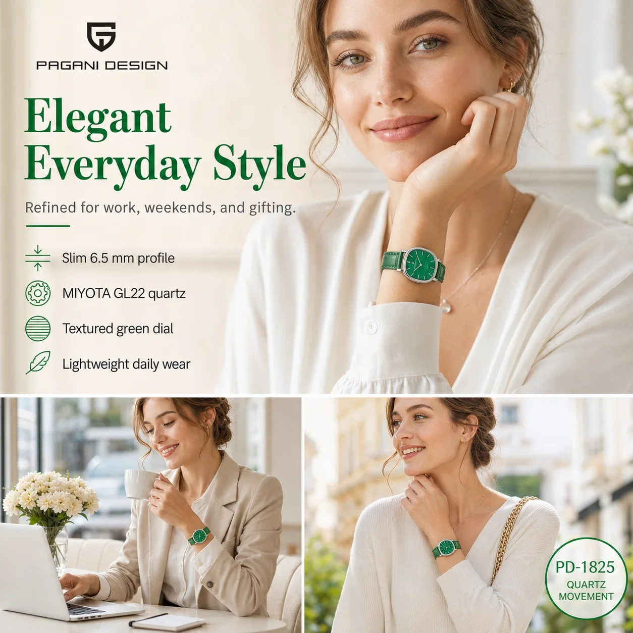 PAGANI DESIGN PD-1825 Women Quartz Watch Miyota GL22 Green Dial Sapphire PU Leather Strap Slim Luxury Ladies Watch