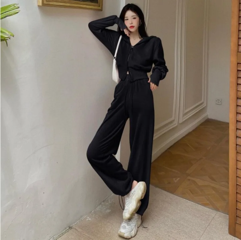 Spring Autumn Tracksuit Women Two Piece Set Korea Zip Up Hoodie Drawstring Sweatpants Casual Pants Solid Sportswear Suit Y2k