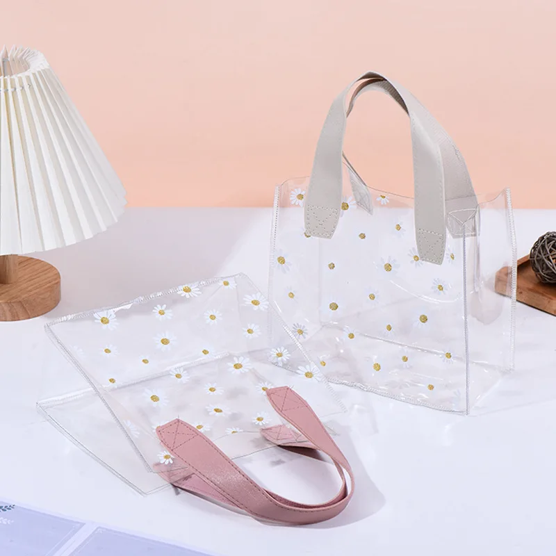 Cute Daisy Gift Packaging Bag Transparent Chrysanthemum PVC Clear Birthday Candy Wedding Party Shopping Store Bags With Handle