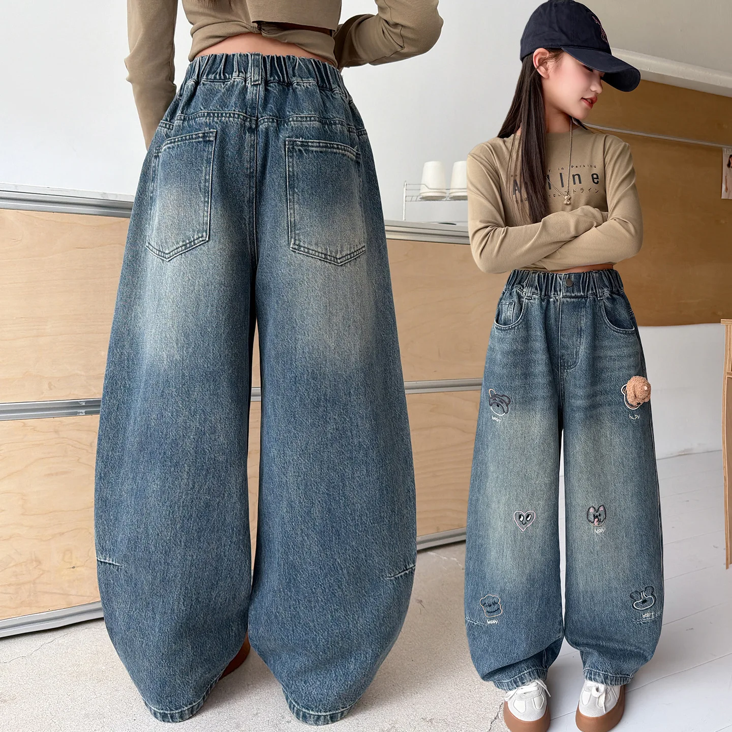 Autumn Teenager Girls Cartoon Embroidered Denim Jeans Loose Straight-leg Trousers Spring Clothing for Kids 4-14 Years