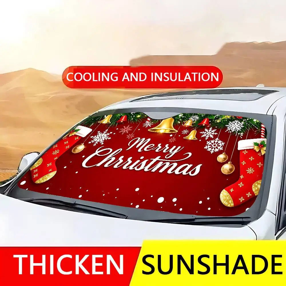 Christmas Bells And Ornaments Car SunShade Windscreen Front Window Visor 70x130cm Sun Visor Solar Protect Plaid Gift Novelty Car - view 6