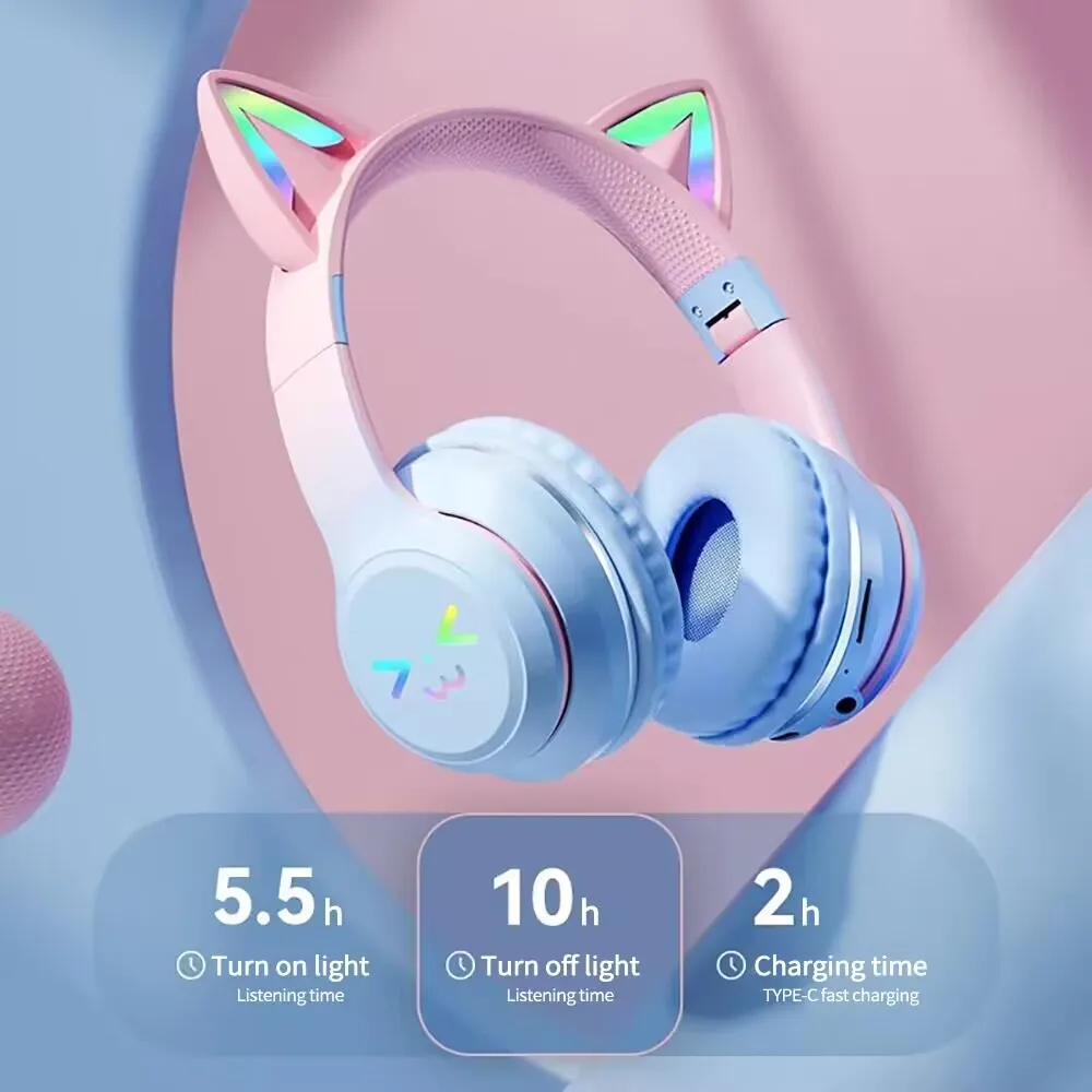 Flash Light Pink Cute Cat Ear Stereo Headset Bluetooth Earphone Folding Series Wireless Headphones Sports Game Over-ear Headset