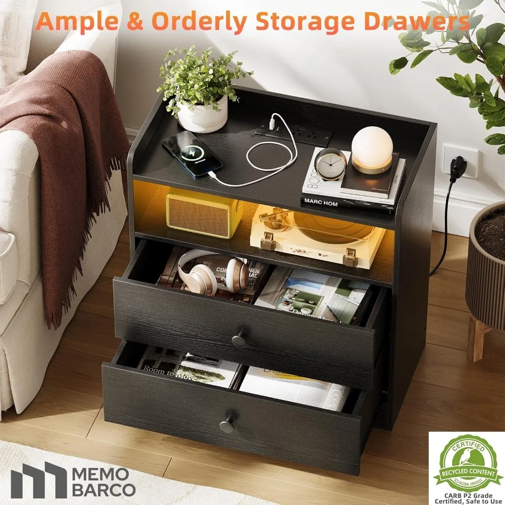 منضدة بإضاءة LED مع قاعدة شحن، منضدة مع منافذ USB ومنافذ، طاولات خشبية بجانب السرير مع درجين للتخزين