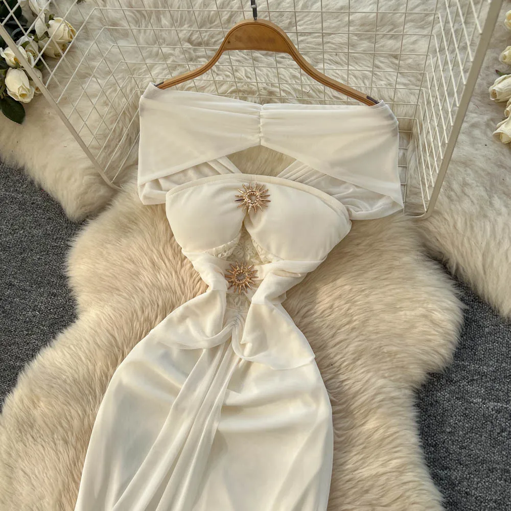 فساتين نسائية صد الصلبة ألف خط فستان شبكي طول الكاحل مائل الرقبة الخصر حزام مشبك معدني سليم صالح حفلة أنيقة 2025 الصيف #3