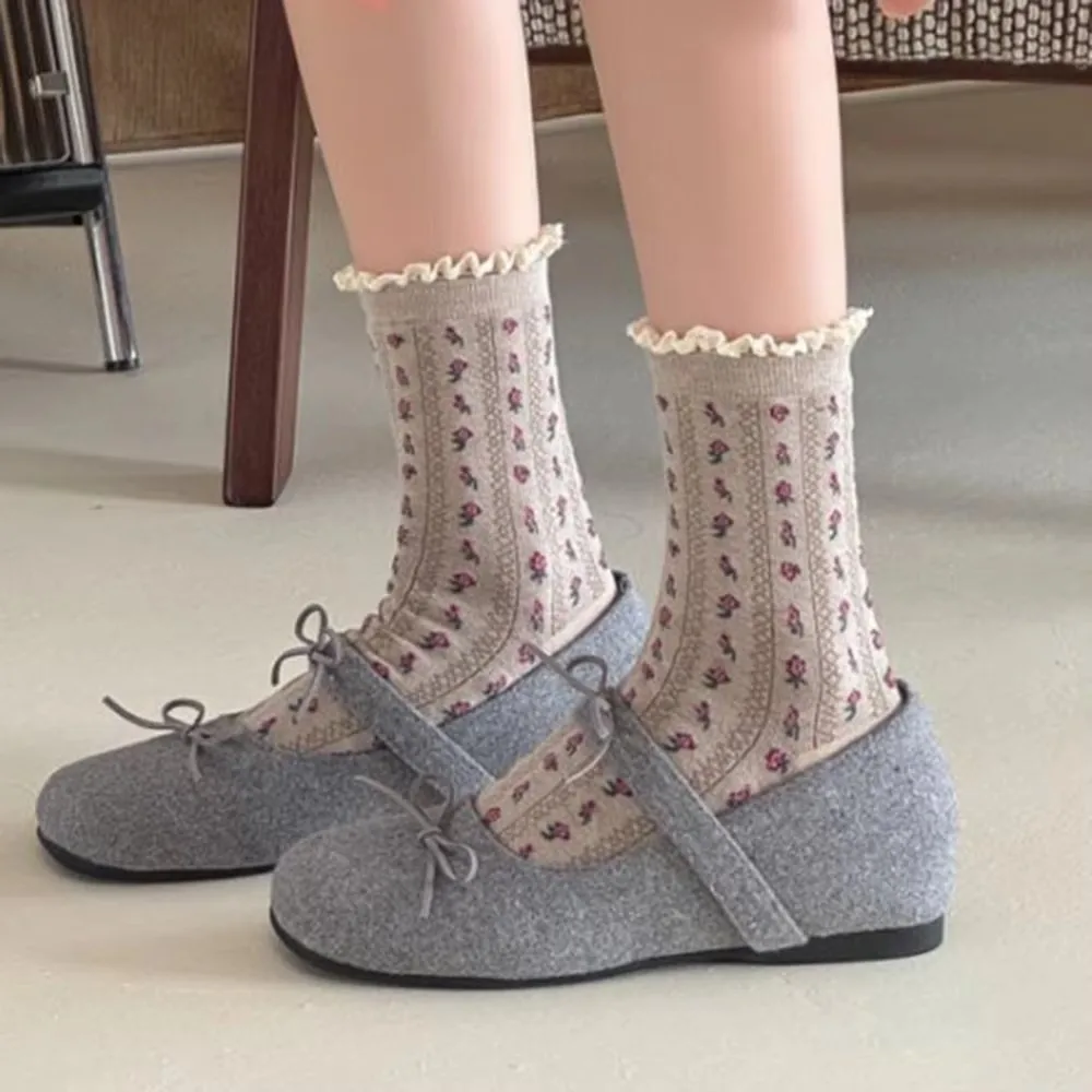 5 Paar süße süße florale Spitzenrand-Damensocken im japanischen Stil, modisch, lang, Herbst-Winter-Streetwear, Happy Socken Damen – Detail 5