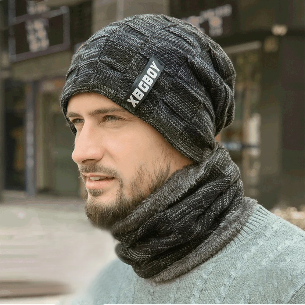 

Winter Hat Pullover Hat Collar Suit Plus Imitation Velvet Thick Imitation Wool Hat Men Boys Autumn And Winter Men's Knitted Hat