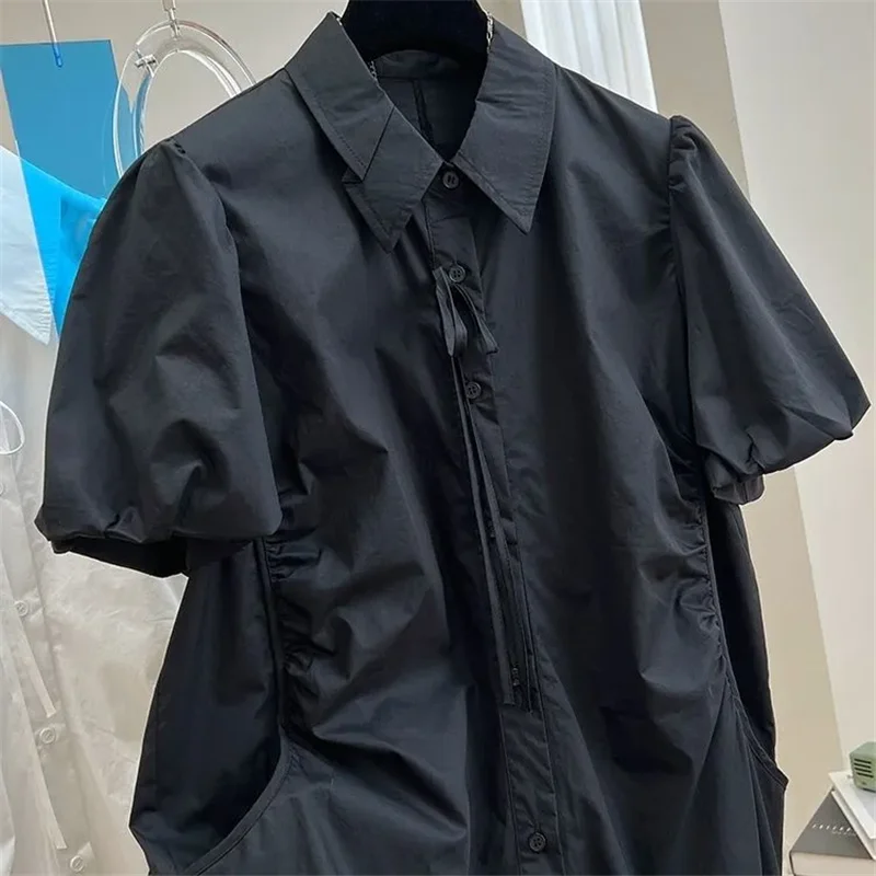 女性 2026 夏シャツドレスファッションルーズカジュアルバブルスリーブ白ダークブルー半袖スカートドレス女性