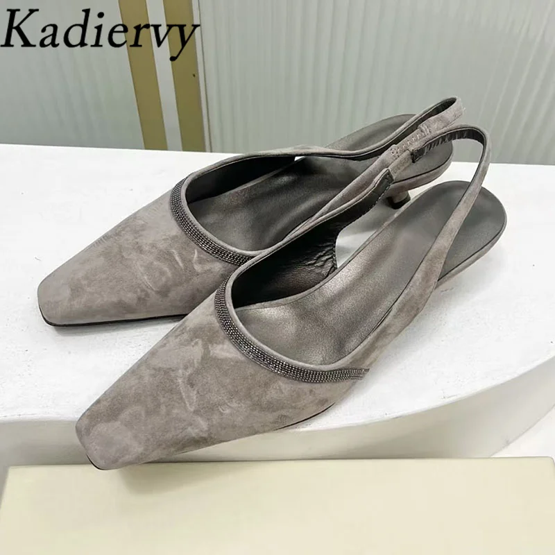 

Summer Women Pumps Square Toe Suede Leather Kitten Heels Office & Career Shoes Woman String Bead High Heels Sandals Woman