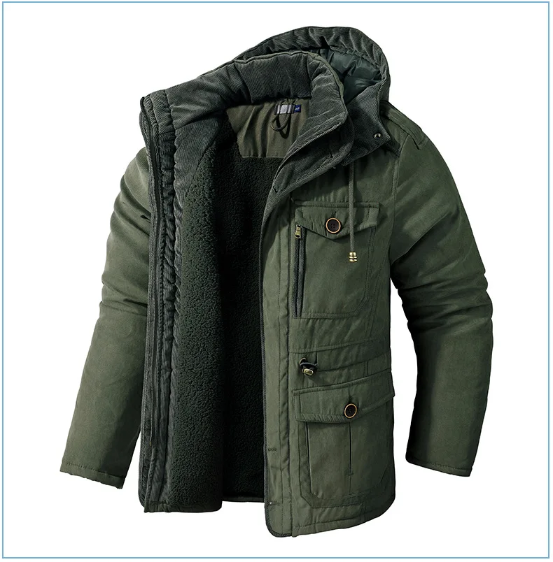 Men Oversized Hooded Lamb Fleece Parkas Men Thick Multi Pocket Mid Length Outerwear Winter Thick Parkas Males Thermal Parkas