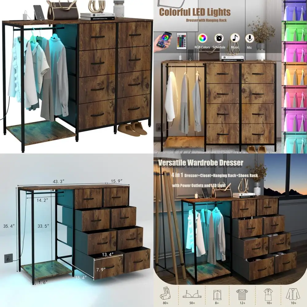 

Деревянный верхний гардеробный комод с 8 тканевыми сунками, светодиодной подсветкой, подвесной шкафю и зарядной станцией - органайзер для хранения одежды