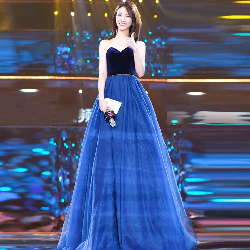 

Blue evening dress dress, socialite banquet temperament, generous, simple and advanced sense