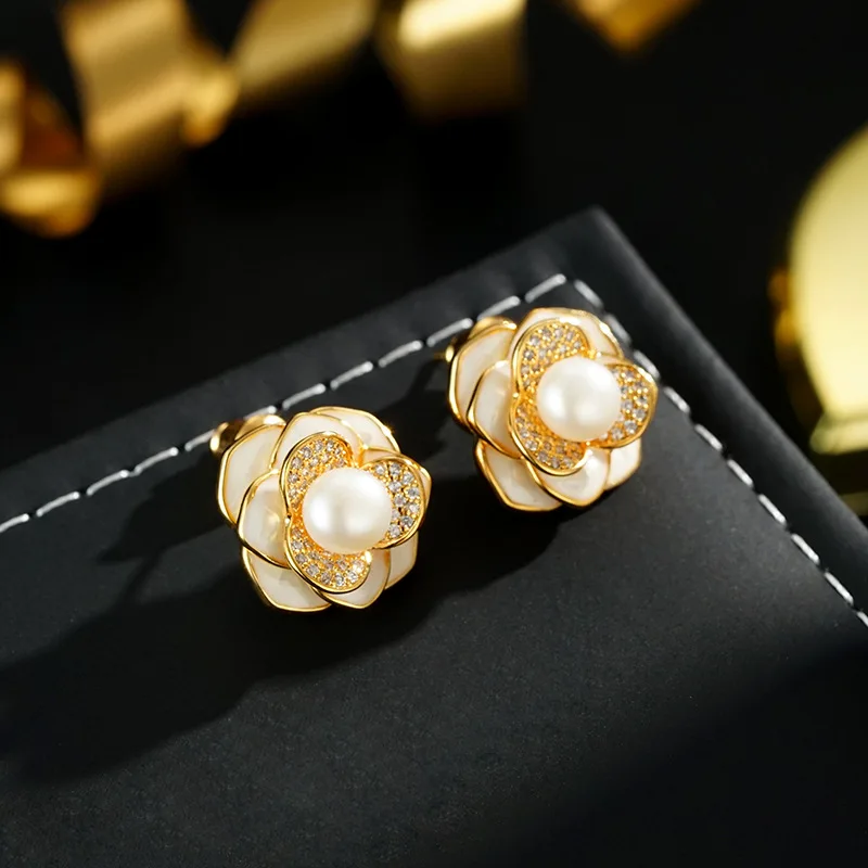 New Style Sweet Camellia Flower Natural Freshwater Pearl 14K Gold Filled Ladies Stud Earrings Anti Allergy Women Birthday Gifts