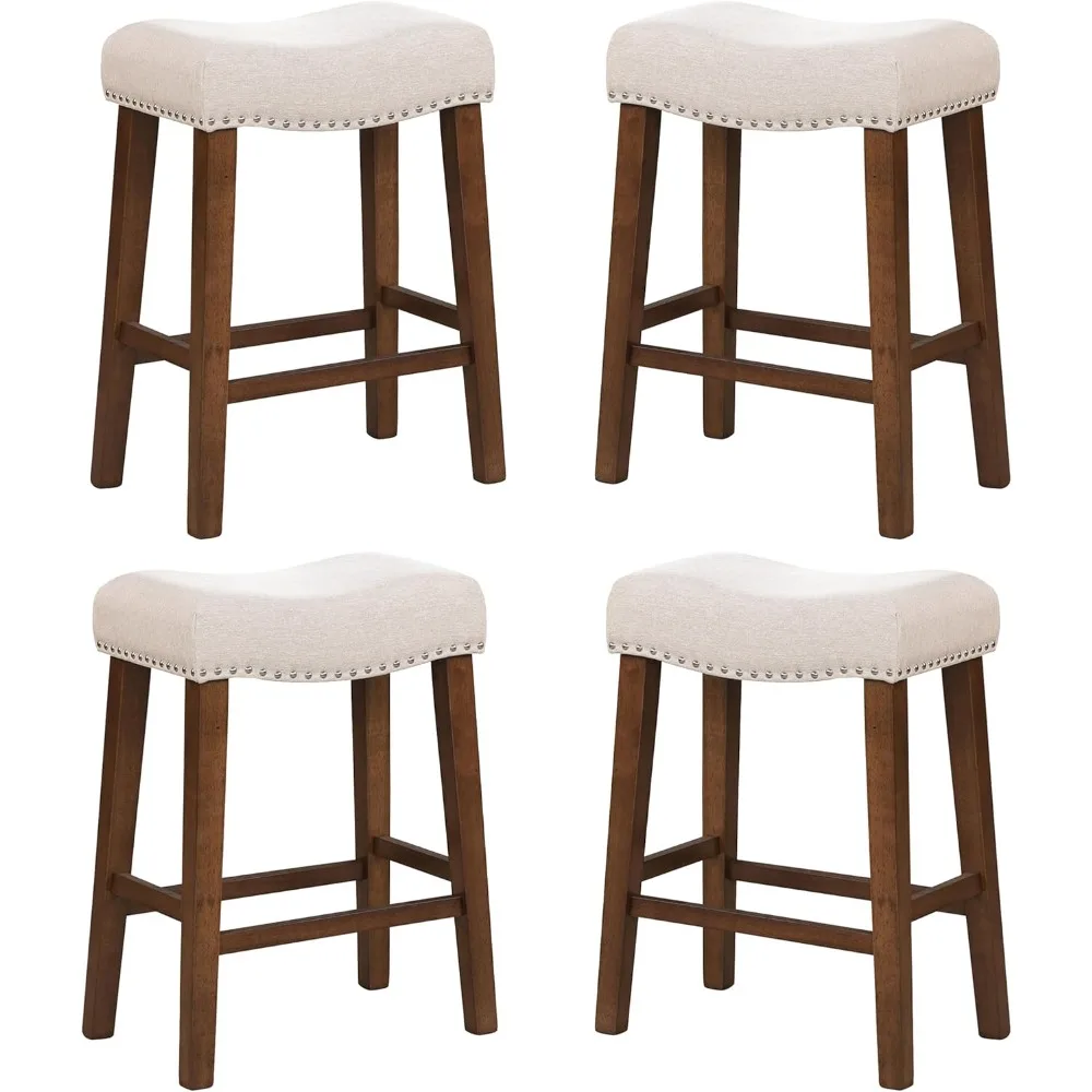 

24" Counter Height Bar Stools - Modern Backless Kitchen Island Saddle Barstools Chairs with Footrest, Solid Wood Legs & Nailhead
