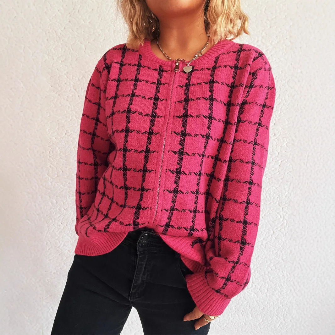 

New Casual Round Neck Women's Sweater Plaid Contrast Color Retro Commuter Loose Sweater Zipper Cardigan Sweater Women