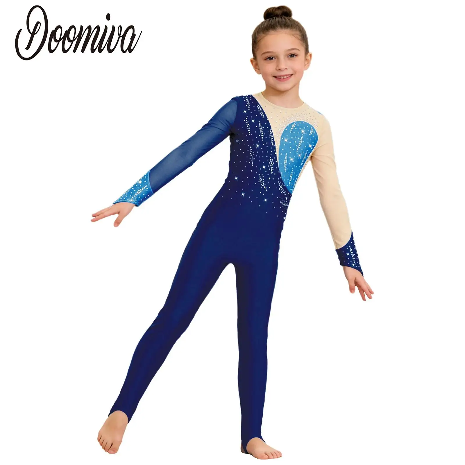 

Girls Gymnastics Jersey Dance Jumpsuit Artistic Skating Costume Kid Sheer Mesh Long Sleeve Patchwork Rhinestone Stirrup Bodysuit