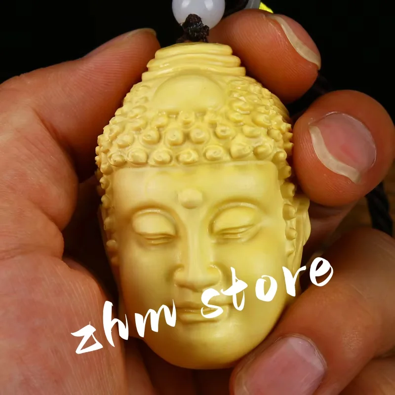 4.5*3.3*6cm Boxwood Delicate Carving Two Faces Buddha/Demon Handmade Pieces Handle Pocket Mascot Playing Ball Ornaments