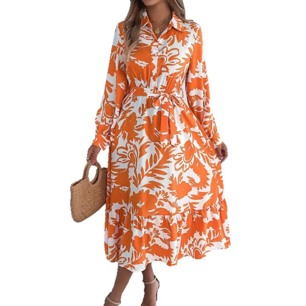 

2025 New Fashion Printed Ruffle Dress R Women Summer Casual Loose Lapel Lace-up Long Dresses For Women Family Long Skirt Women