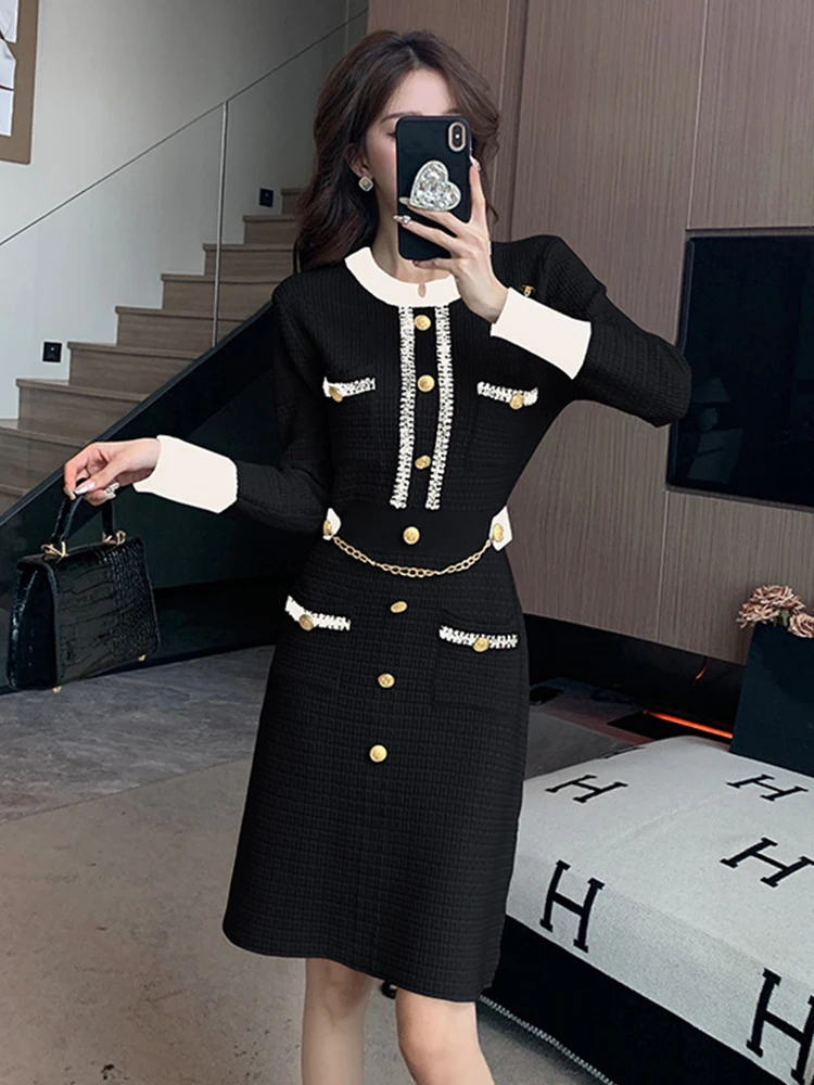 New Fashion Autumn Winter Formal Knitted Short Dress Women Ladies Clothing Sweater Chic O-Neck Slim Mini Mujer Stretchy Vestidos