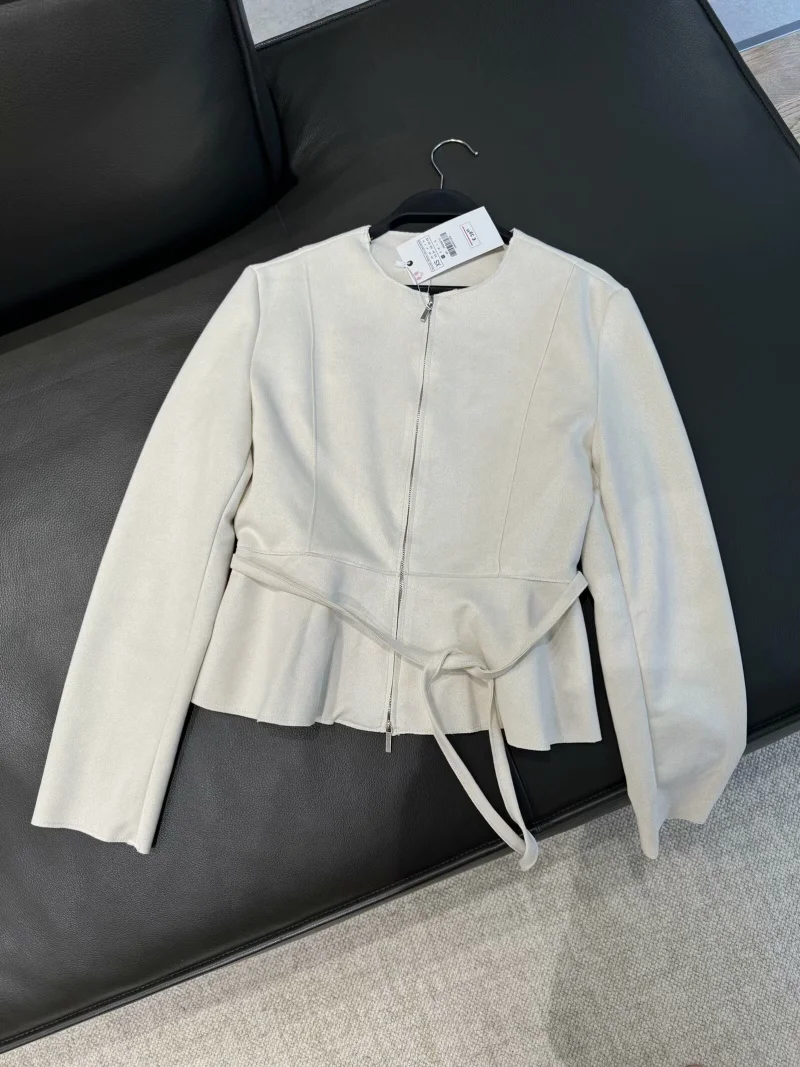 

ETJ 2025 Women's Spring new vintage round neck slim double zipper fashion belt suede texture effect jacket