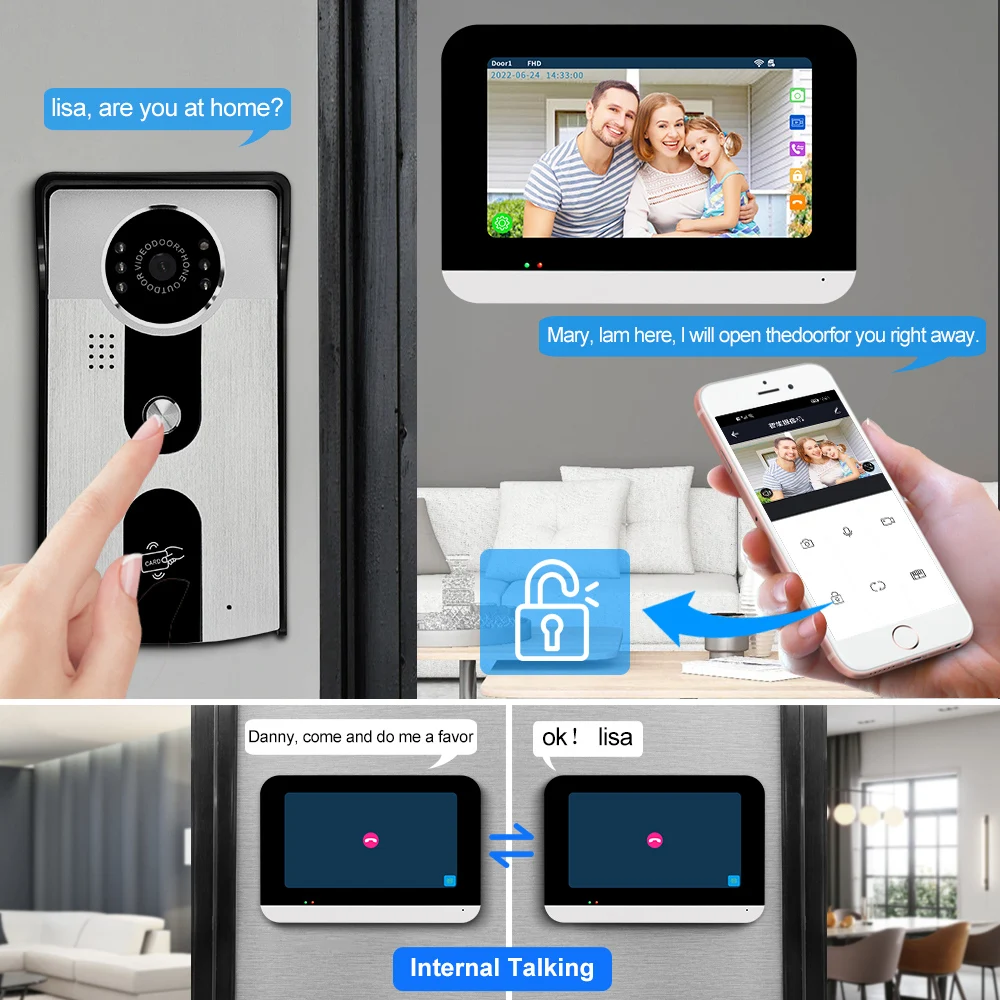 2.4G WiFi Tuya Video Intercom System Kit 7'' 1080P HD Touch Color Screen Monitor + RFID IR Night Vision Outdoor Camera for Home