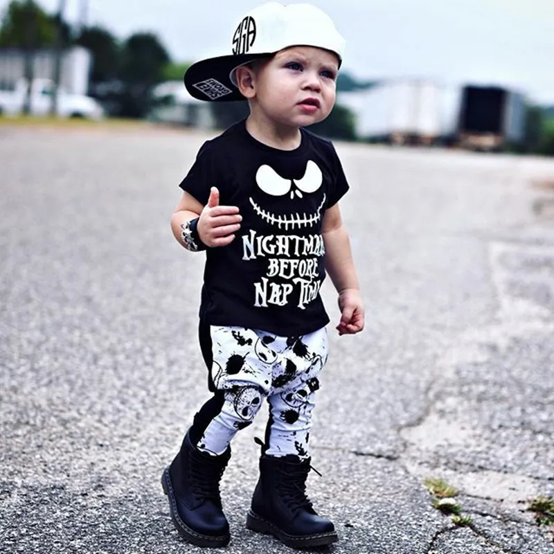 Infant Baby Boys Clothes Set Skull Halloween New Nightmare before Nap Tops T-shirt+Print Pants 2pcs Baby clothing outfit