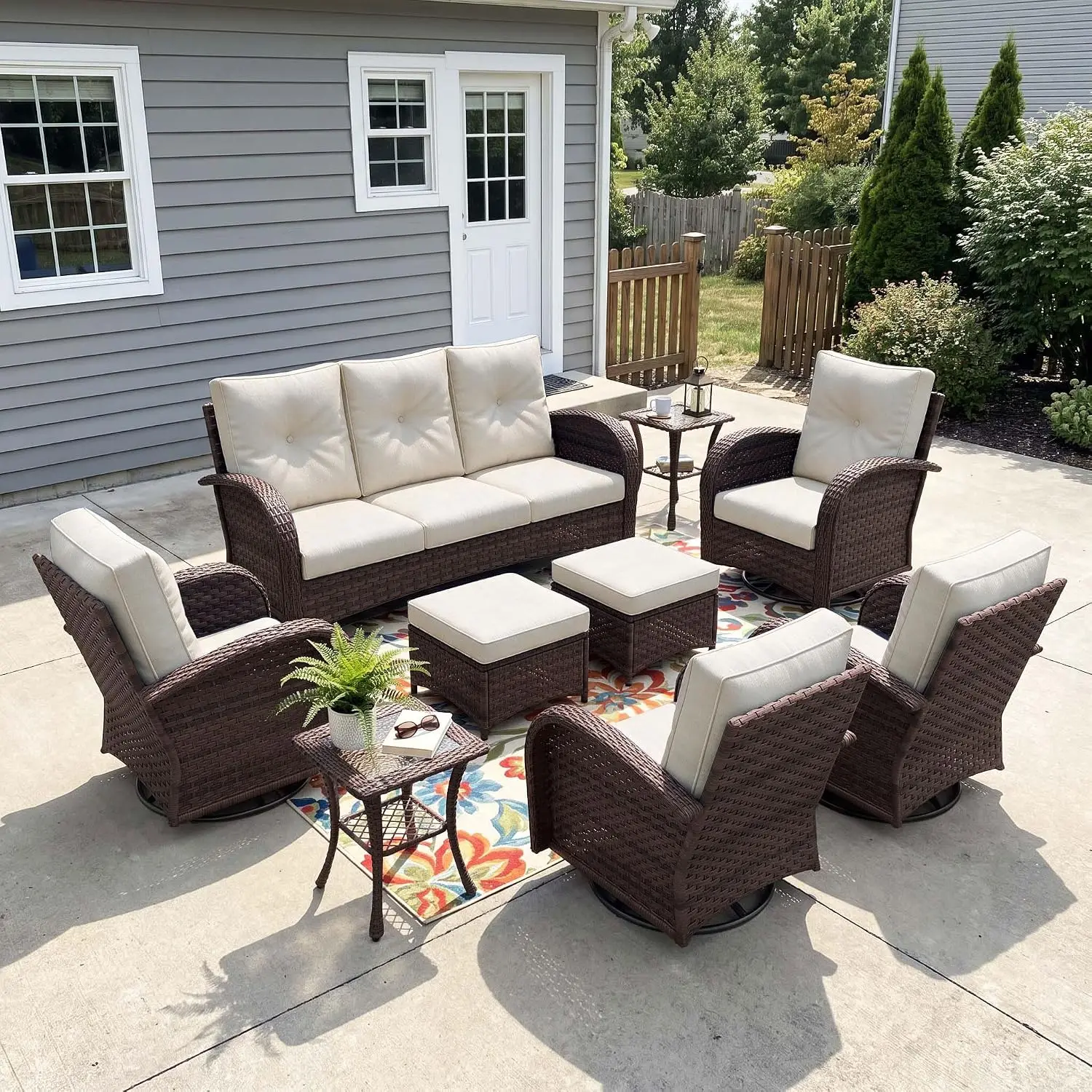 9 Pieces Patio Furniture Set Wicker Rattan High Back Swivel Rocking Chairs 3-Seat Sofa Ottoman Side Table, Customized