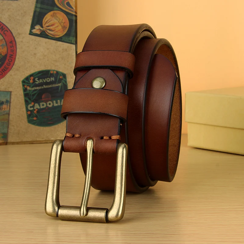 5mm Thicken Full Grain Leather Mens Belt Heavy Duty Mens Work Belt Mens Belt High Hardness Solid Brass Pin Buckle Brown Belt