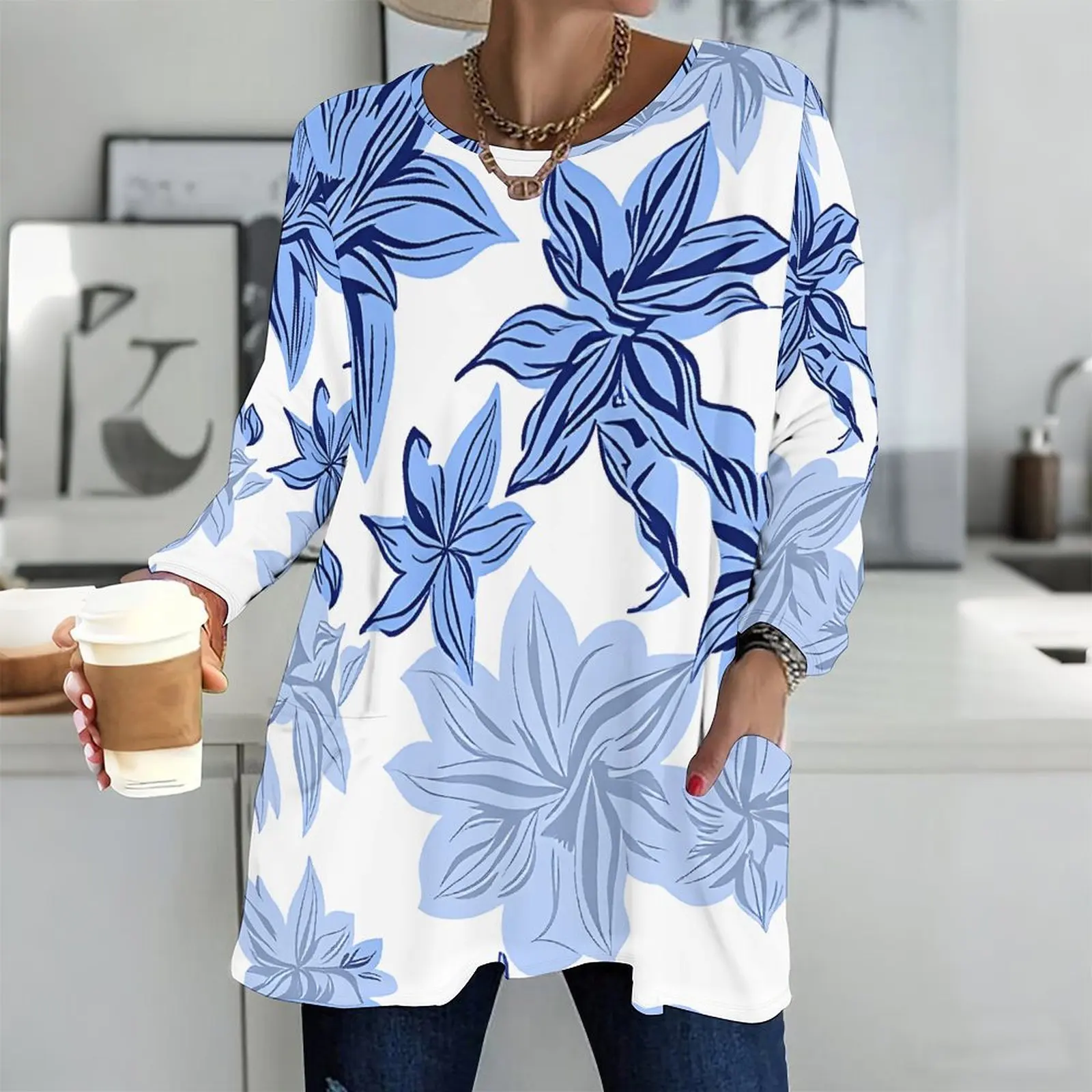 Printed Top for Women Round Neck Long Sleeve Front Pockets Loose Fit Longline 4