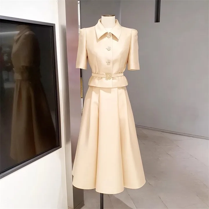 Ele Godd Set Waist-Cinching ort Sve Top with Umbrella Hem Skirt Ci Commute Ladies Faion A-Line Skirt