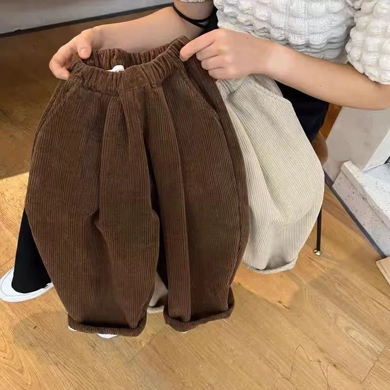 

Korean Autumn Infant Baby Boys Pants Solid Color Pocket For Kid Baby Boys Corduroy Pants Elastic Waist Toddler Boys Loose Pants