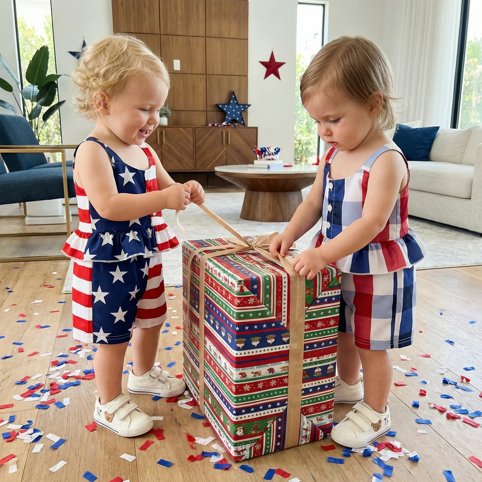 Toddler Baby Girl 4th of July Outfit Star Print Striped/Plaid Ruffled Trim Spaghetti Strap Tops and Shorts 2Pcs Set