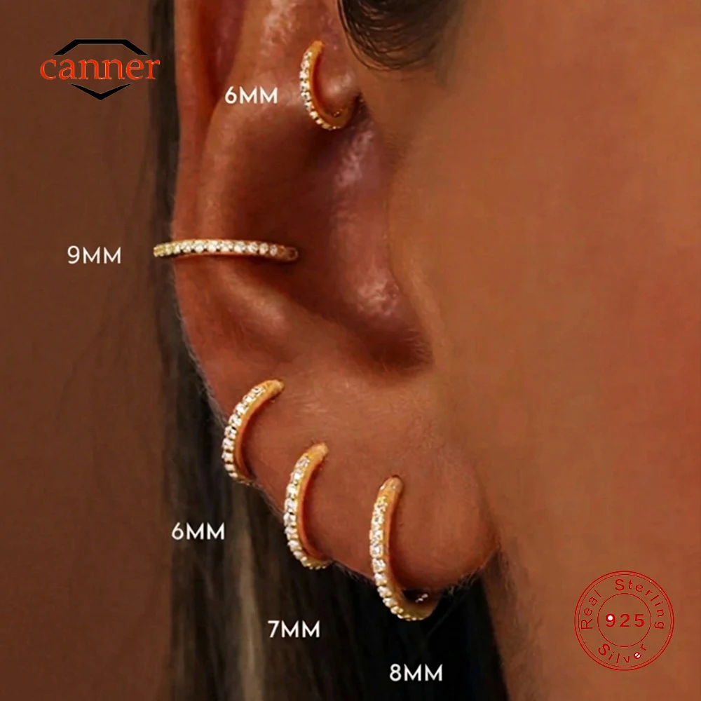 

CANNER 1PC 925 Sterling Silver 5/6/7/8/9MM Classic CZ Hoop Earrings For Women Round Circle Piercing Earings Fine Jewelry Gift