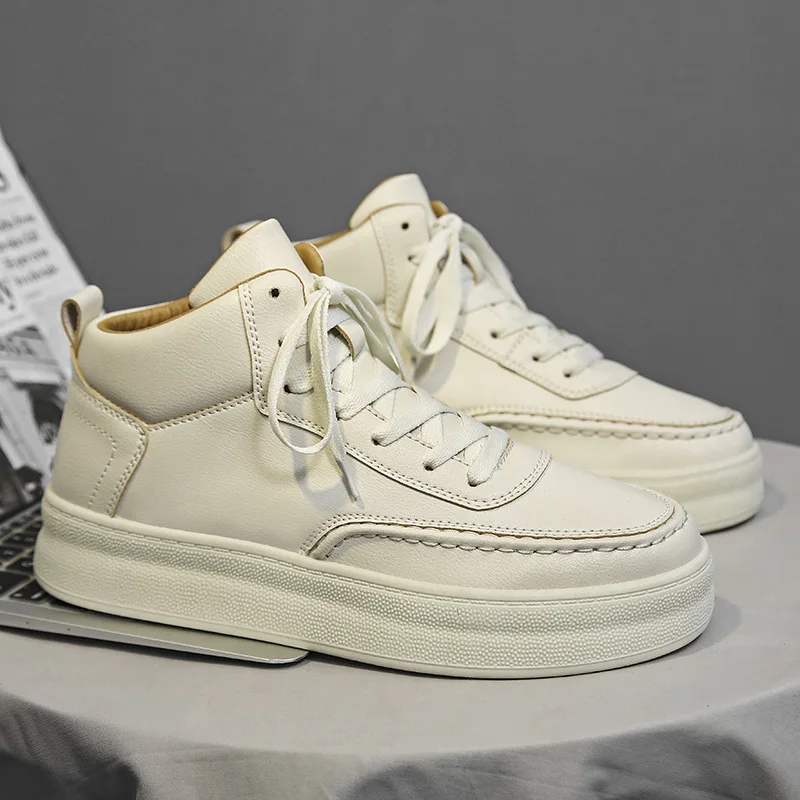 Soft Leather Breathable Anti Odor Spring Autumn Mid Top Thick Sole Skate Shoes White Lace Up Youth Student Casual Trendy