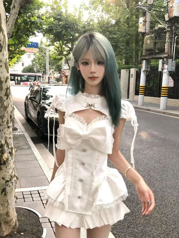 

Harajuku Sexy Hollow Out Lace Patchwork Heart Button Top+ High Wasit Ruched A-line Skirts 2025 Summer New Two Piece Sets