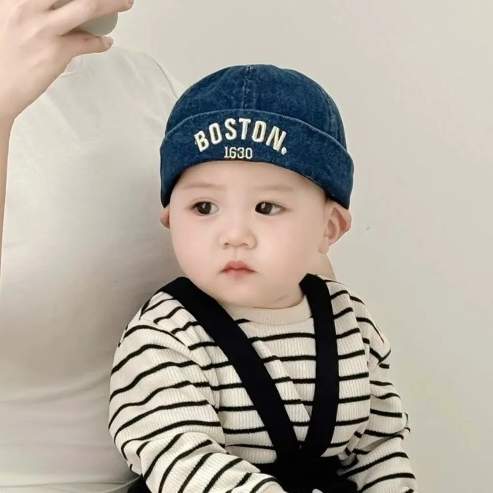 

Letter Embroidered Brimless Hat Adjustable Cotton Denim Landlord Cap Breathable Sun Protection Children Melon Beanie Summer