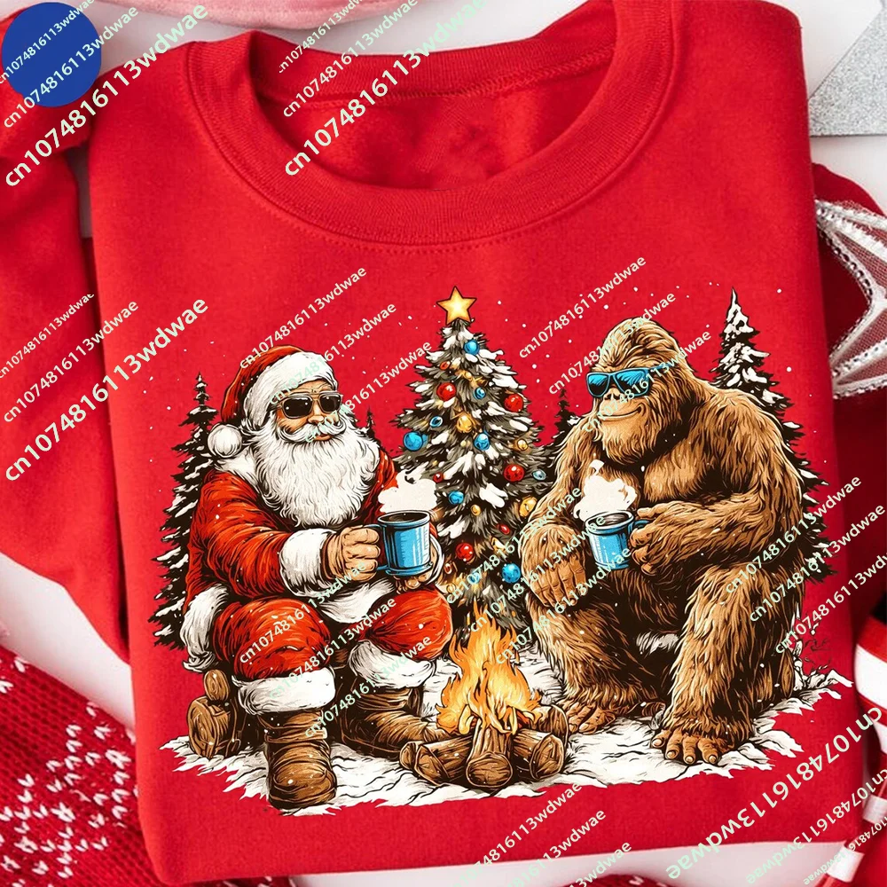 Funny Santa And Bigfoot Christmas Xmas Winter Sweatshirt Women Pullover Trendy Friends Girls Holiday Dress up Gift Print Hoodie