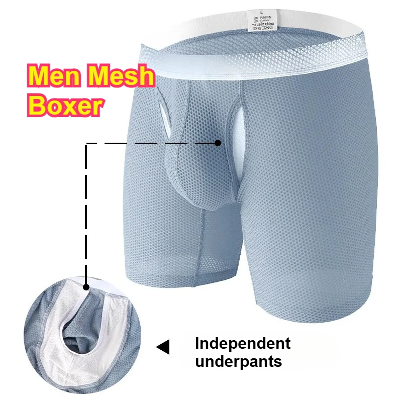 Men Big U-Pouch Breathable Sexy Boxers Side Hollow Out Summer Sporty Long Johns Beach Style Mesh Trunks Casual Low Rise Panties