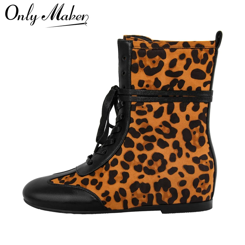 Onlymaker Women Round Toe Leopard Ankle Boots  Gothic Heeled Conciser Winter Combat Boots