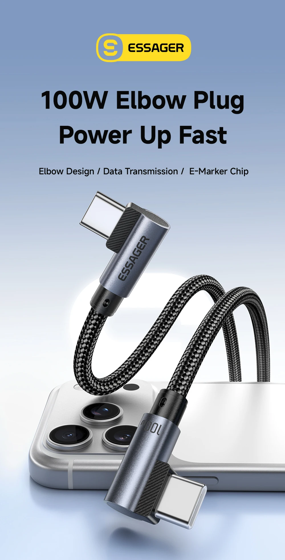 Essager Elbow PD100W USB C to USB C Charging Cable for iPhone 17 16 15 Pro Samsung MacBook iPad Type C Fast Charging Data Cord