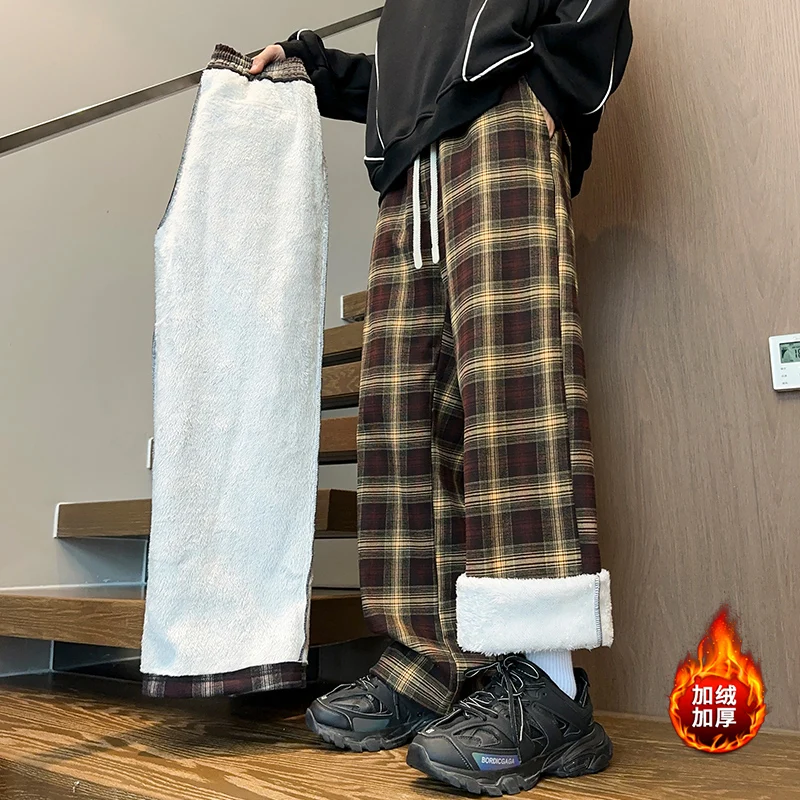 Winter Thick Warm Casual Plaid Trousers Men\'s Fleece Loose Vintage Sweatpants Wide Leg Straight Long Pants For Men and Women